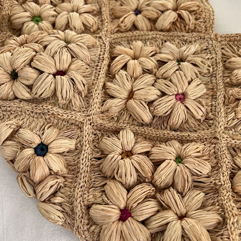 Hochwertige Handgefertigte Raffia-Schultertasche Exquisite Gewebte Stroh-Tragetasche Offene Bunte Blumen-Diamantmuster Einkaufstasche – Detail 11