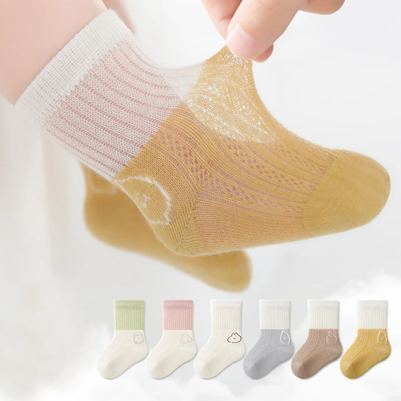 Summer Baby Combed Cotton Medium Tube Mixed Color Stitching Comfortable Breathable Mesh Socks For Boys And Girls 0-3 Years Old