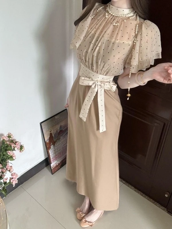 

Summer New Sweet Gentle Polka Dot Knot Strap Dress Design Sensation White Show Two Piece Set Women's Fashion Outfits