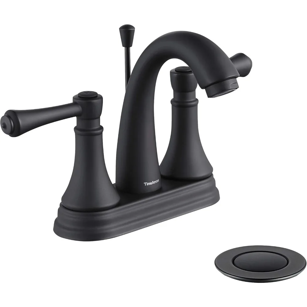 

Matte Black Bathroom Faucet: 4" 3-Hole, 2-Handle, Metal Spout, Drain (Overflow+Lift Rod). Modern RV Farmhouse Vanity