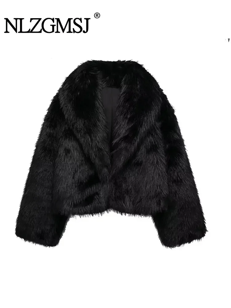 

Nlzgmsj TRAF 2024 Woman Lapel Artificial Fur Effect Short Jacket Coats Vintage Autumn Winter Causal Loose Warm Tops