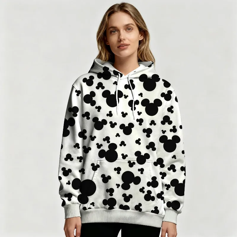 เสื้อฮู้ดดี้ลายมิกกี้เมาส์ของดิสนีย์สำหรับผู้หญิง พิมพ์ลายเต็มตัว สีดำและสีขาว ลายป๊อปอาร์ต เสื้อฮู้ดดี้แขนยาวสำหรับฤดูใบไม้ร่วง/ฤดูหนาว แฟชั่นลำลอง