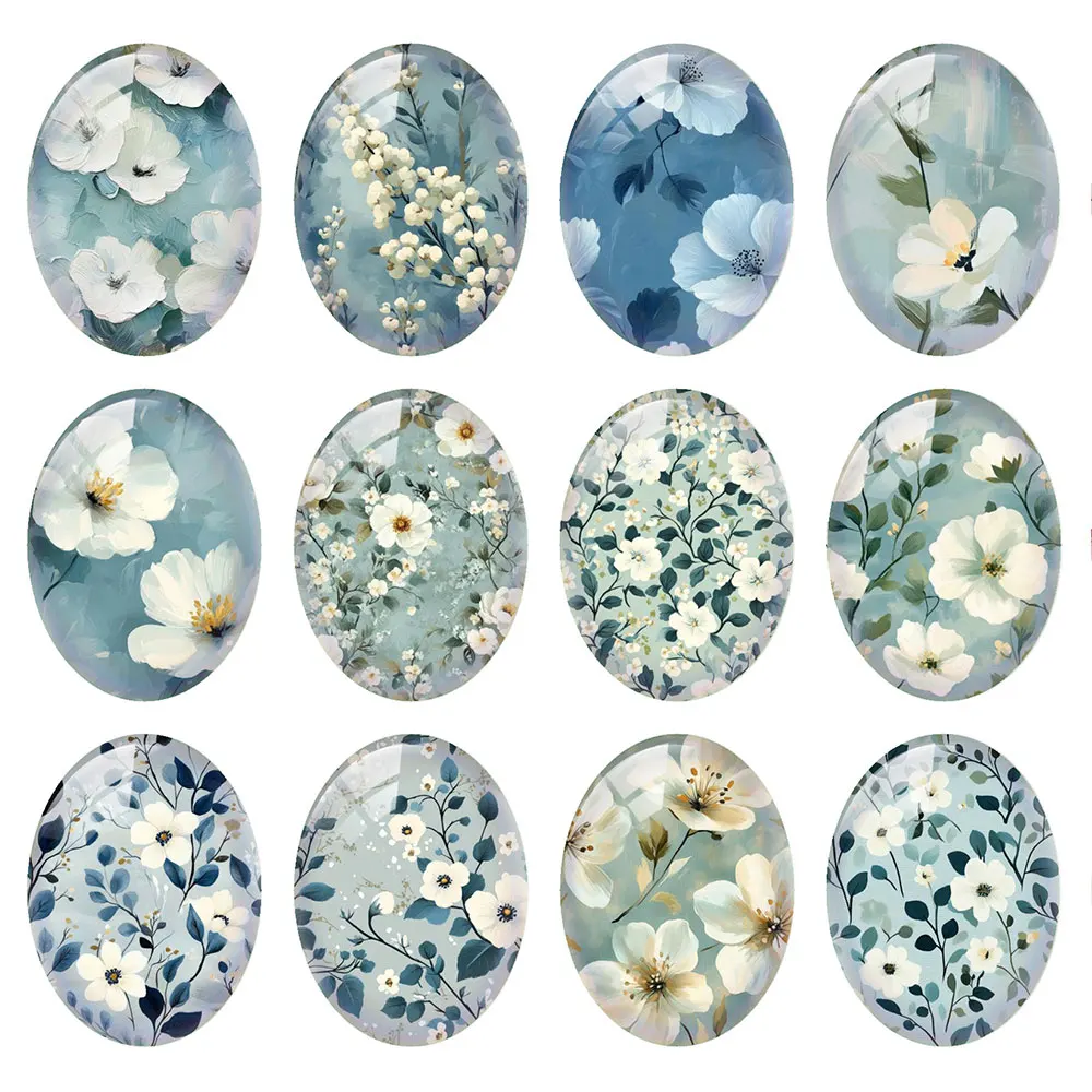 Random Mixed Round/Oval/Square Misty Blue White Floral Flower Photo Glass Cabochon Flatback Demo Cameo For Diy Jewelry Making