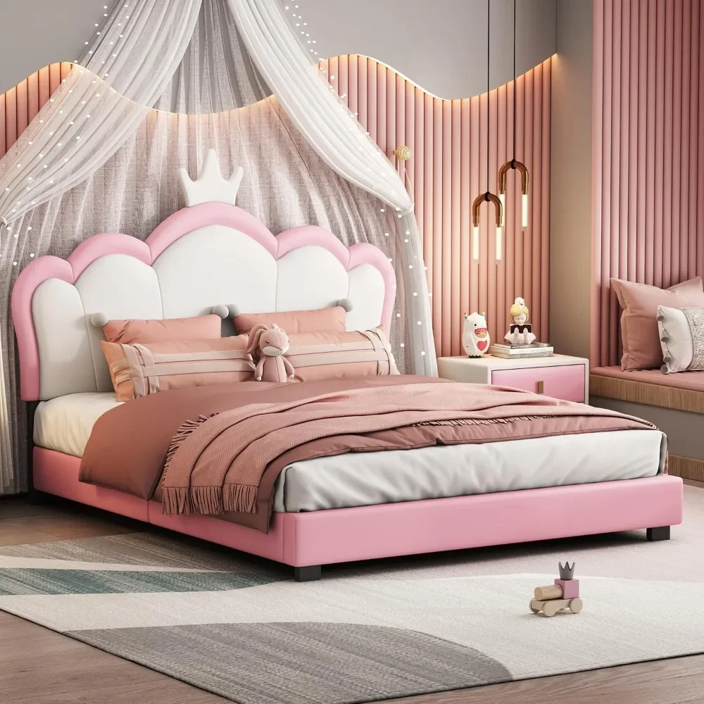 Full Size Princess Bed Frame with Crown Shaped Headboard for Kids,Upholstered Platform Bed with Slats Support,Pink Girls Bed