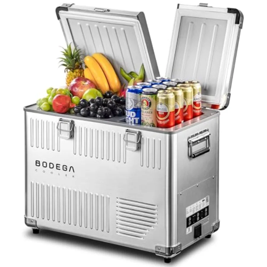 

Portable car refrigerator for truck/RV/camping/van/home use, aluminum body, black, dual-zone compressor cooling from -4F to 68F