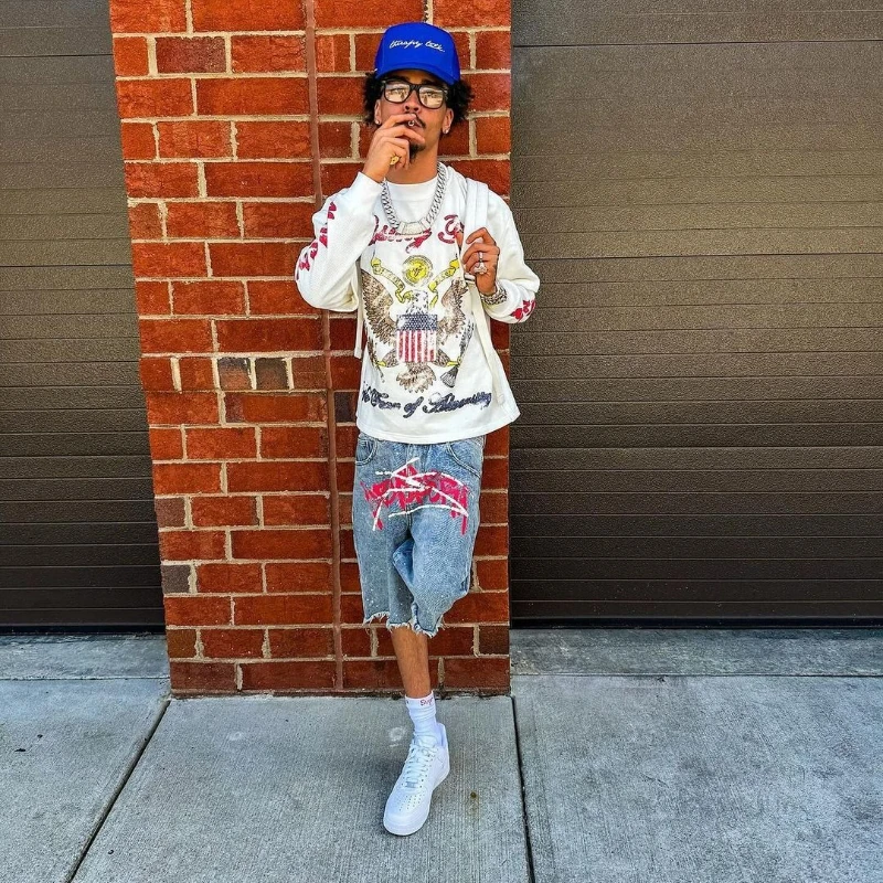 

2025 Y2K Джинсовые шорты с граффити и стразами, потертые джинсовые шорты с принтом для мужчин и женщин, тренд, ретро, хип-хоп, уличная одежда, мешковатые шорты унисекс, P