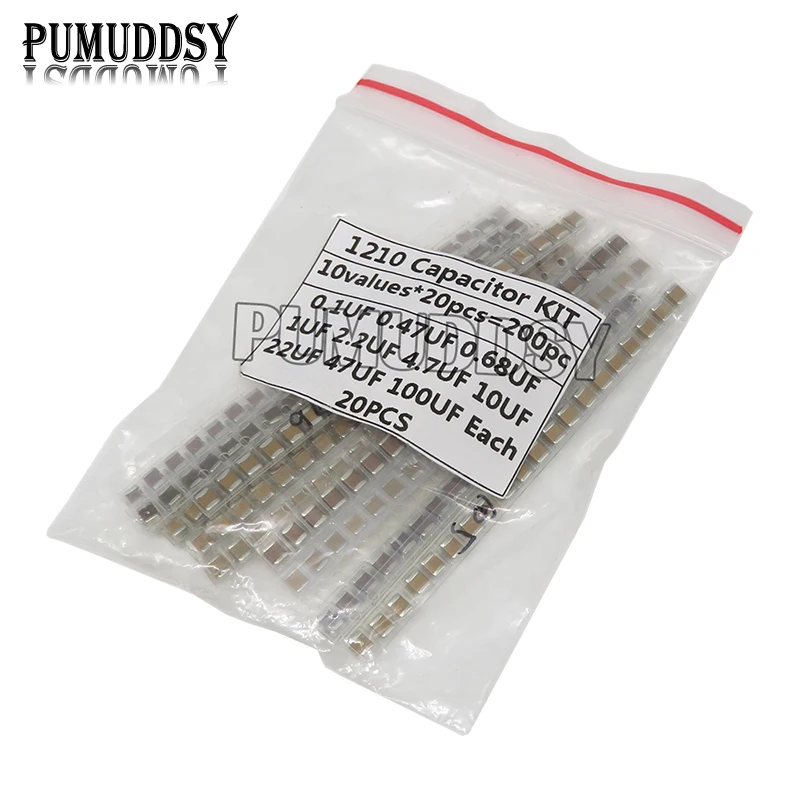 1210 SMD Capacitor Assorted Kit ,10Values*20PCS=200PCS 100nF~100uF Samples Kit Electronic Diy Kit