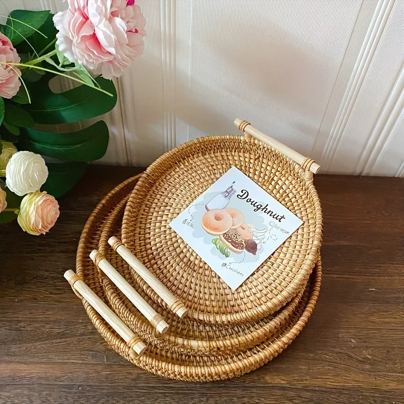 1pc Artisanal Woven Rattan Serving Tray - Dual Handles, Multipurpose Tea and Snack Presentation Platter, Ideal Bread Basket With