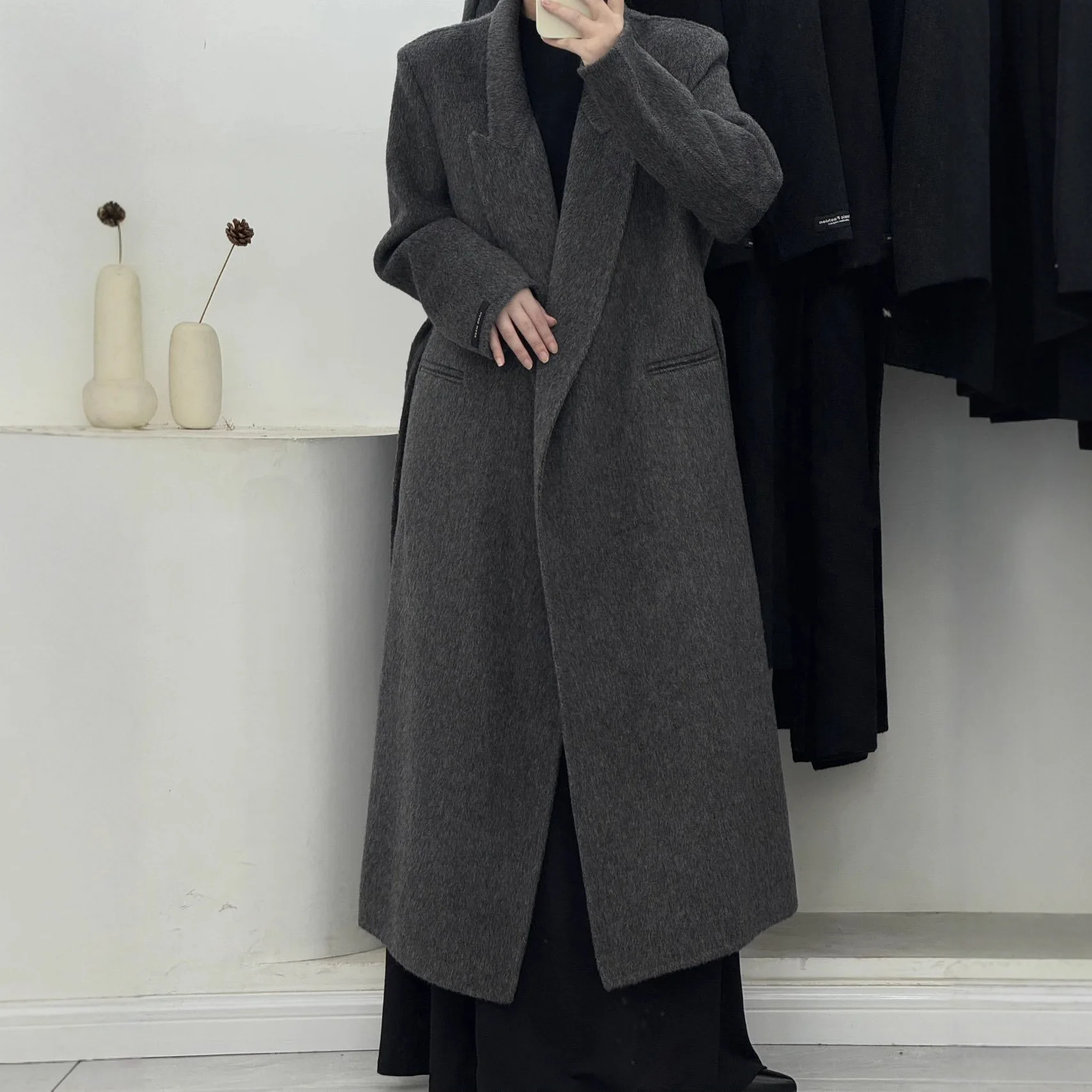 

Серый костюм, пиджаки выше колена, двустороннее шерстяное пальто, женская одежда, зимняя куртка, элитное корейское модное длинное пальто для женщин