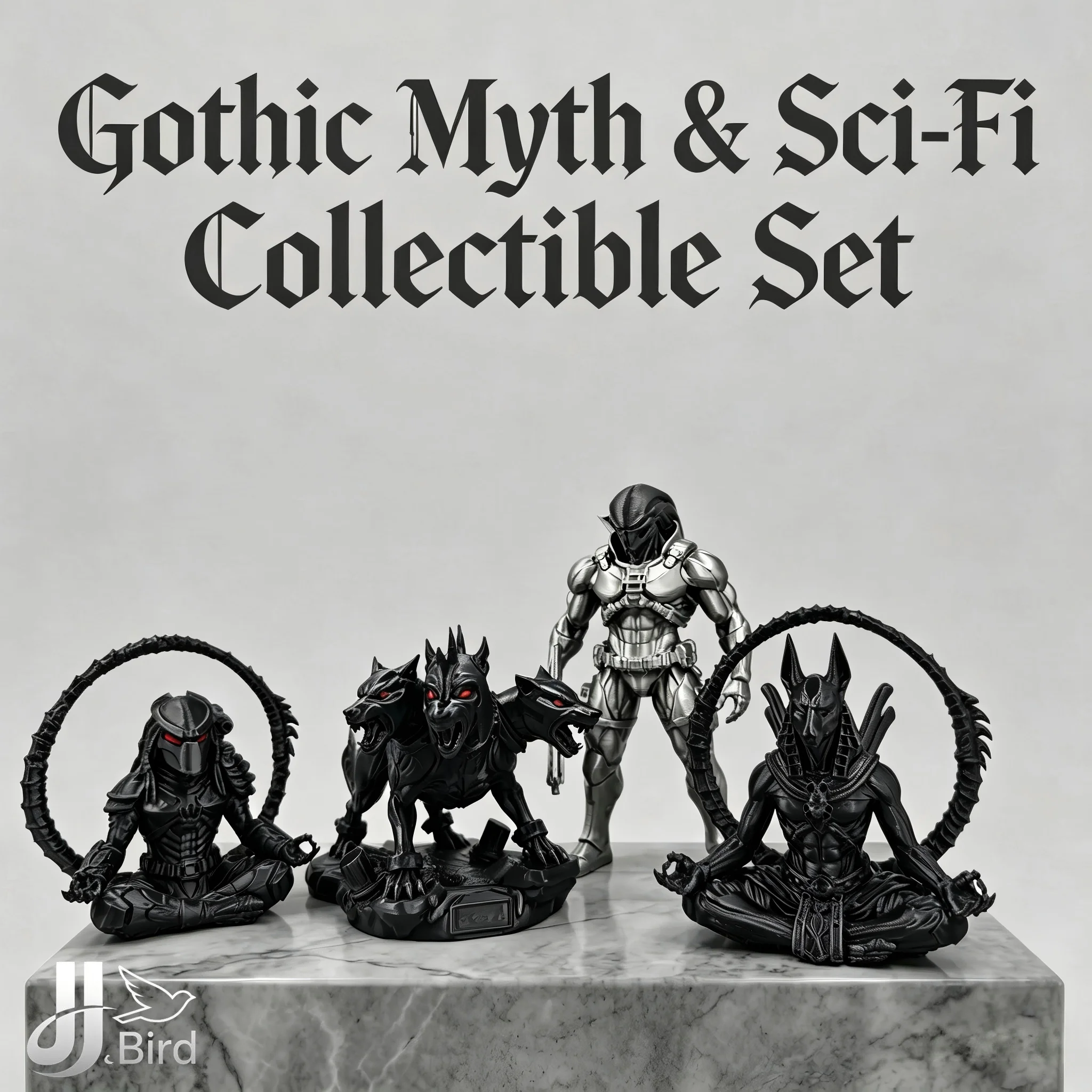 Gothic Myth & Sci-Fi Collectible Set, Anubis/Cerberus/Alien Warrior Figurines, Home Office Desk Ornaments, Dark Style Statues