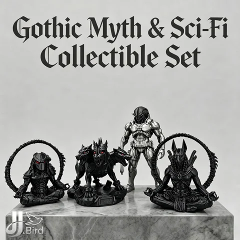 Gothic Myth & Sci-Fi Collectible Set, Anubis/Cerberus/Alien Warrior Figurines, Home Office Desk Ornaments, Dark Style Statues