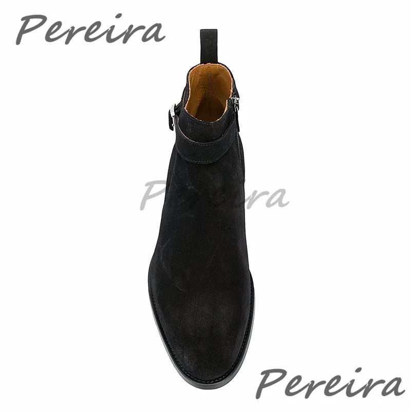 British Style Pointed Toe Ankle Boots for Men Ankle Belt Buckle Side Zipper Low Heel Chelsea Boots Trendy Casual Business Shoes