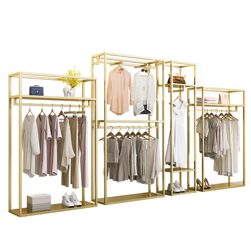 

Golden clothing store display rack Floor-to-ceiling women's clothing store display rack Wrought iron double-layer hanging