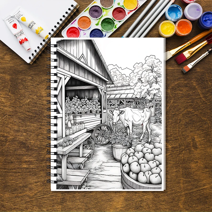 Relaxing Farm Time Adult Coloring Book - 8.3x 11.2 Inch 32 Page Coloring Book - Helps Reduce Stress and Ease Emotions