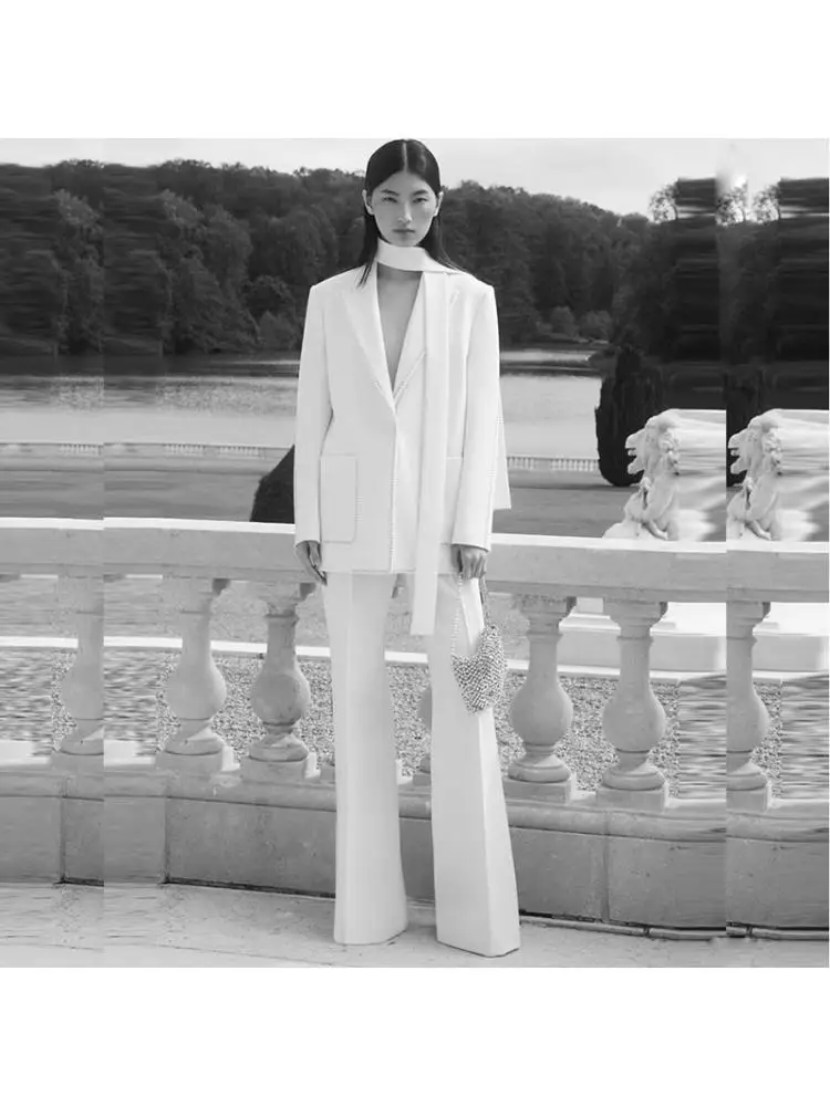 

2025 Summer Fashion Scarf Rhinestone Beading Loose Elegant Suit Jacket And Pants Trousers Sets For Women 2 Pieces