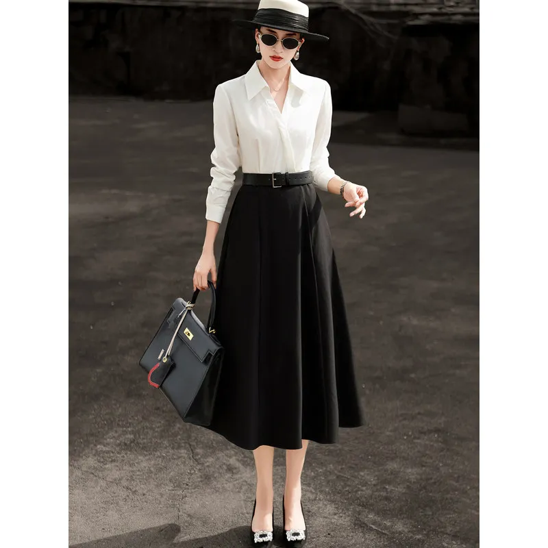 MEXCOCO Women Spring‑Autumn Commuter Shirt Dress, Long Sleeve Lapel Color‑Block Fake Two‑piece Dress