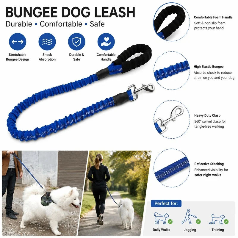 Heavy Duty Bungee Dog Leash for Medium Large Dogs, Elastic Shock Absorbing Lead for Golden Retriever Walking & Training