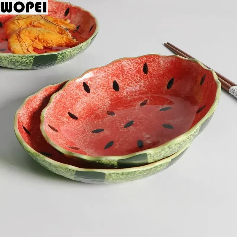Hand Drawn Watermelon Ceramic Deep Plate Creative Dessert Plate Salad Plate Sushi Plates Hotel Molecular Cooking Tableware