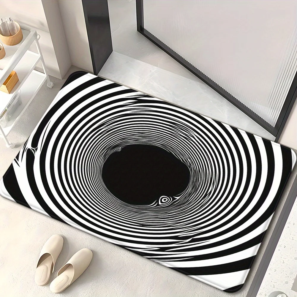 1pc Optical Illusion Black & White Spiral Door Mat - Non-Slip, Absorbent Microfiber Polyester Mat for Bedroom, Living Room