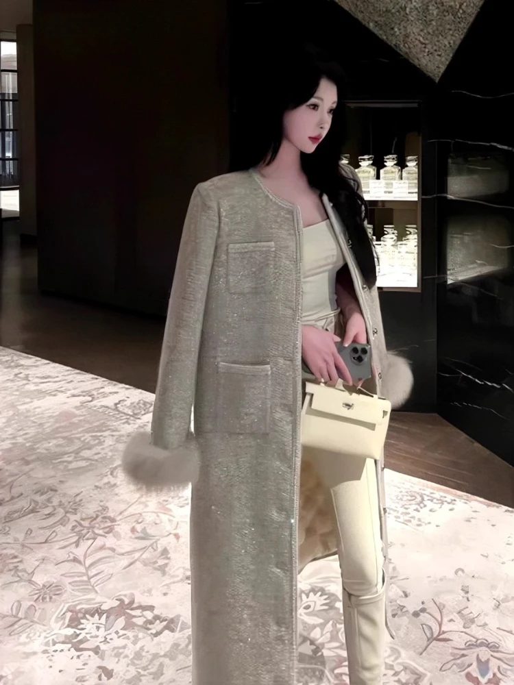

Mid-Length Woolen Coat Women Winter High Quality Artificial Fox Fur Splicing Thickened Warm Elegant Slim Jacket Outwear 2025 New