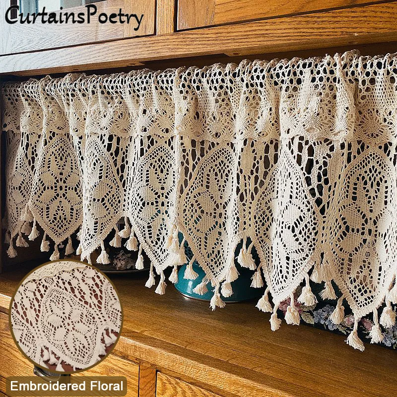 

Macrame Curtains Lace Sheer Valance Vintage Farmhouse Crochet Knitted Tulle Kitchen Window Short Curtains Rod Pocket for Bedroom