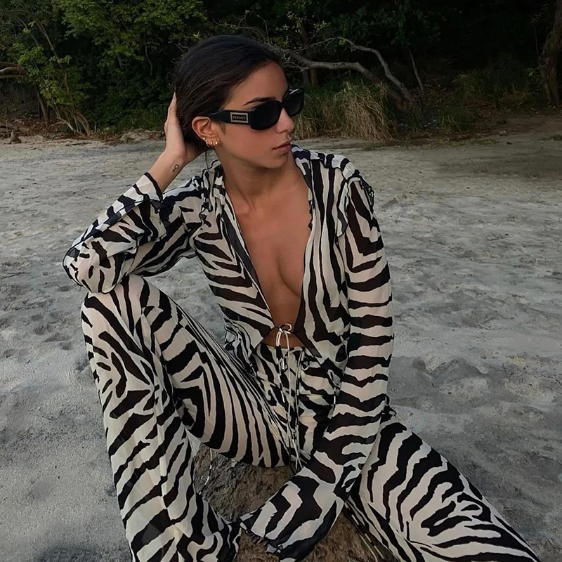 Animal Print Mesh Sheer Stripe Tie Front Detail Top Matching Sets Fashion Outfits 2 Piece Sets Holiday Beachwear Y2k Pants