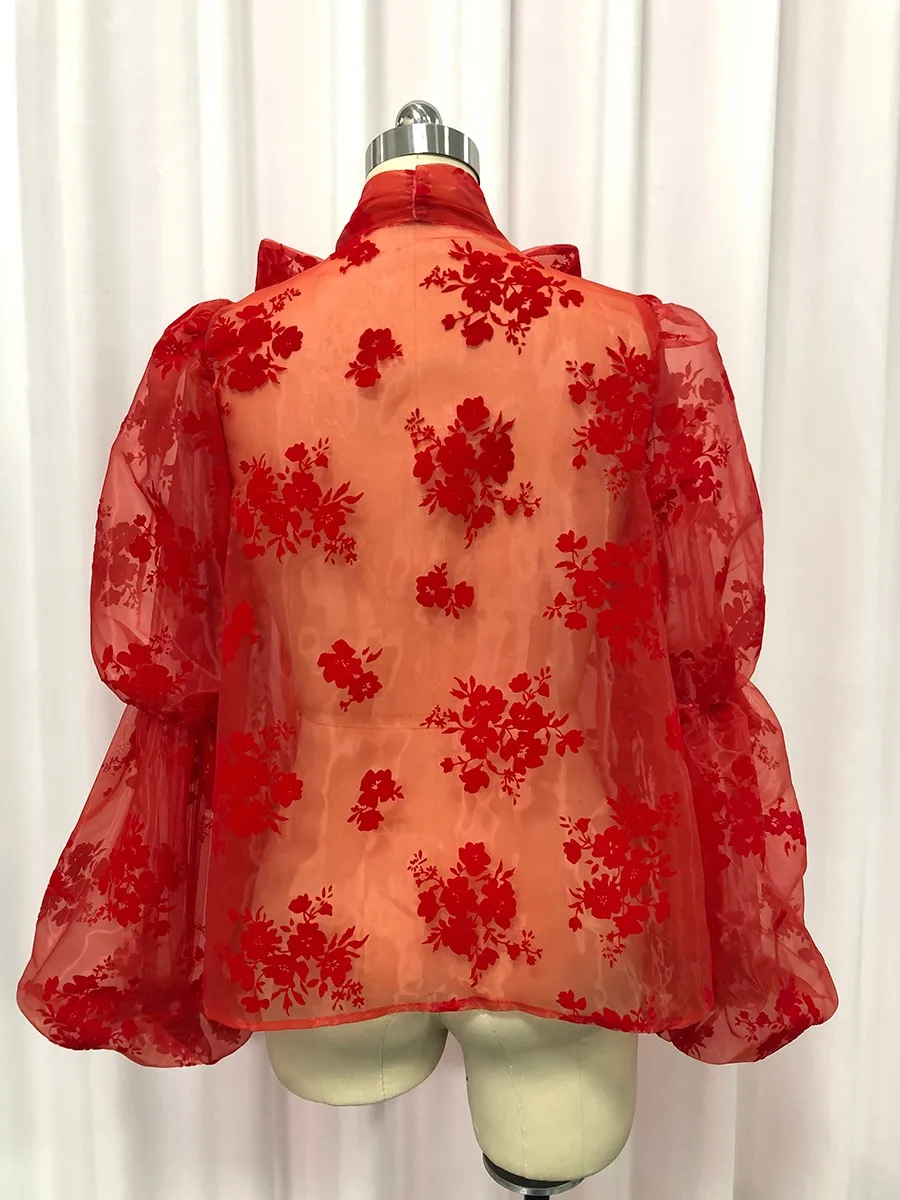 TWOTWINSTYLE Afdrukken Sheer Spliced Strik Fashion Shirts voor Vrouwen Vierkante Hals Lange Mouwen Elegant Shirt Vrouwelijke Kleding Nieuwe