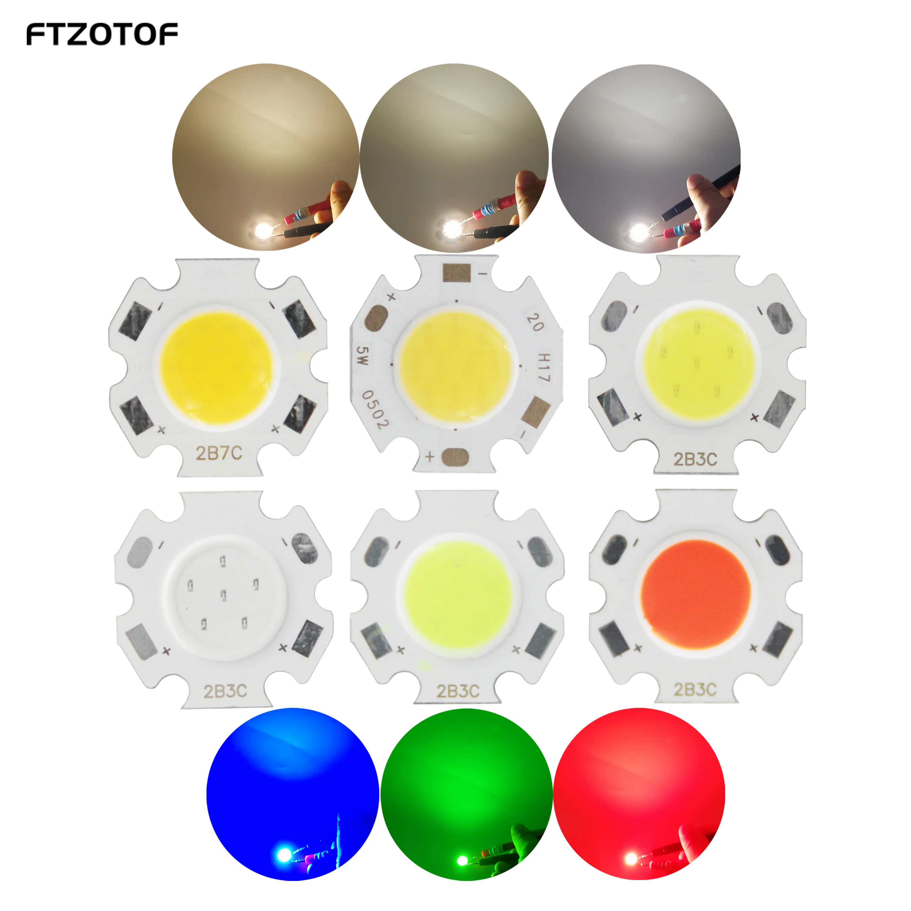 FTZOTOF 10pcs/Lot 20mm 3W 5W 7W Rounded LED COB Light Source Chip On Board For Spotlight Downlight Red Blue Green White DIY Lamp