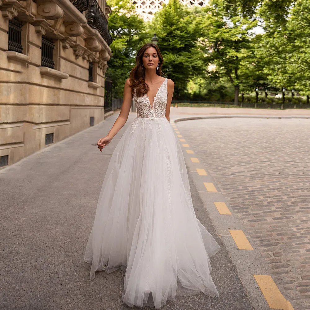 

Msikoods Boho A Line Wedding Dresses Women 2025 Deep V Neck Brides Dress Lace Appliques Tulle Backless Bridal Gown Customizd