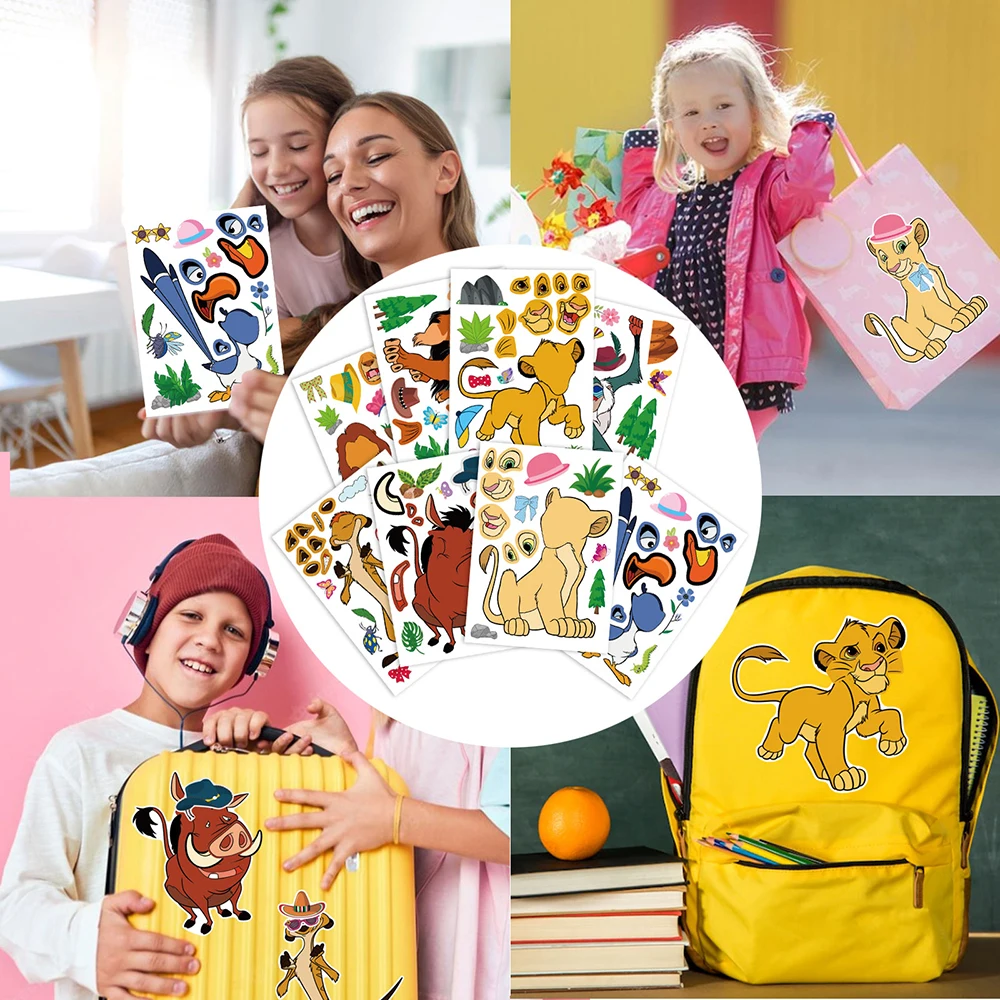 8/16 Blatt disney der König der Löwen Puzzle Aufkleber Spiel Make-a-Face Kinder DIY Puzzle Kinder Lernspiel zeug Cartoon Aufkleber Geschenk