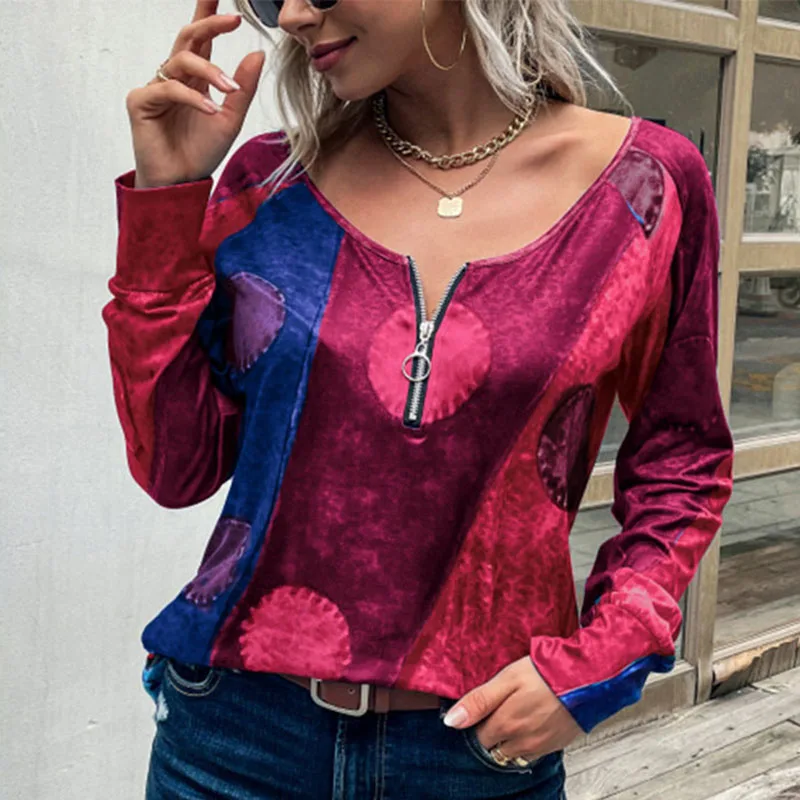 

New Womens Tshirts Vintage Ethnic Style Printed Tops Zipper 2022 Early Spring Long-sleeve Shirt O Neck Casual Plus Size T-shirt