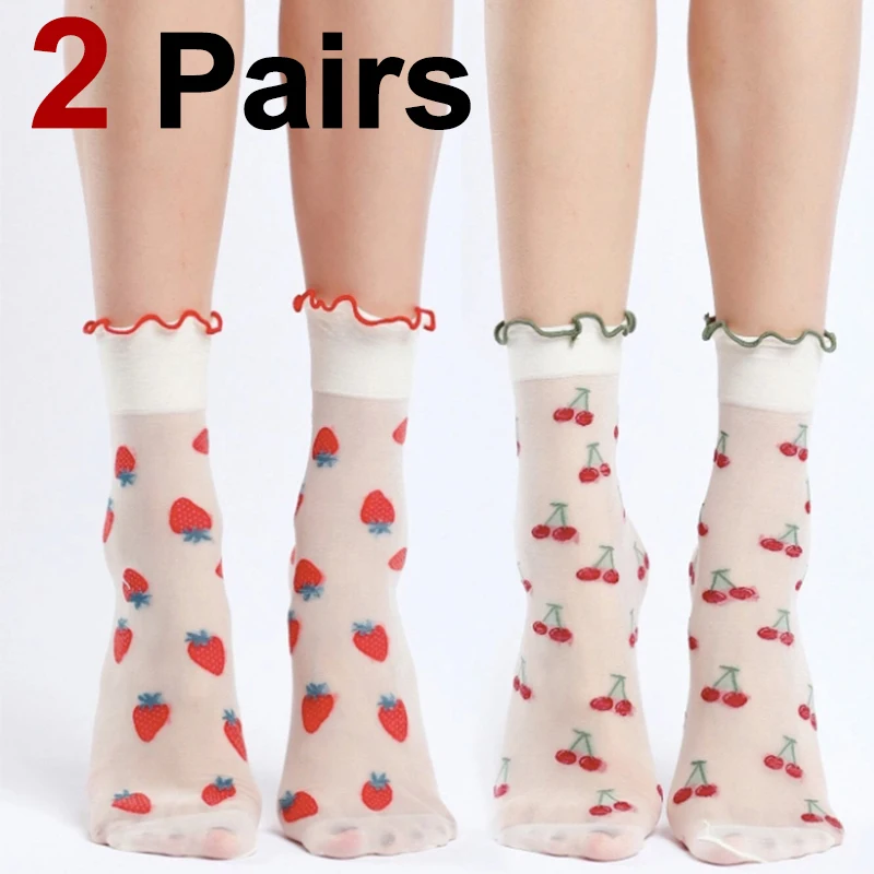 

2 Pairs Women Lettuce Edged Round Neck Socks Fashionable Fruit Print Summer Thin Design Soft Comfortable Breathable Casual Socks