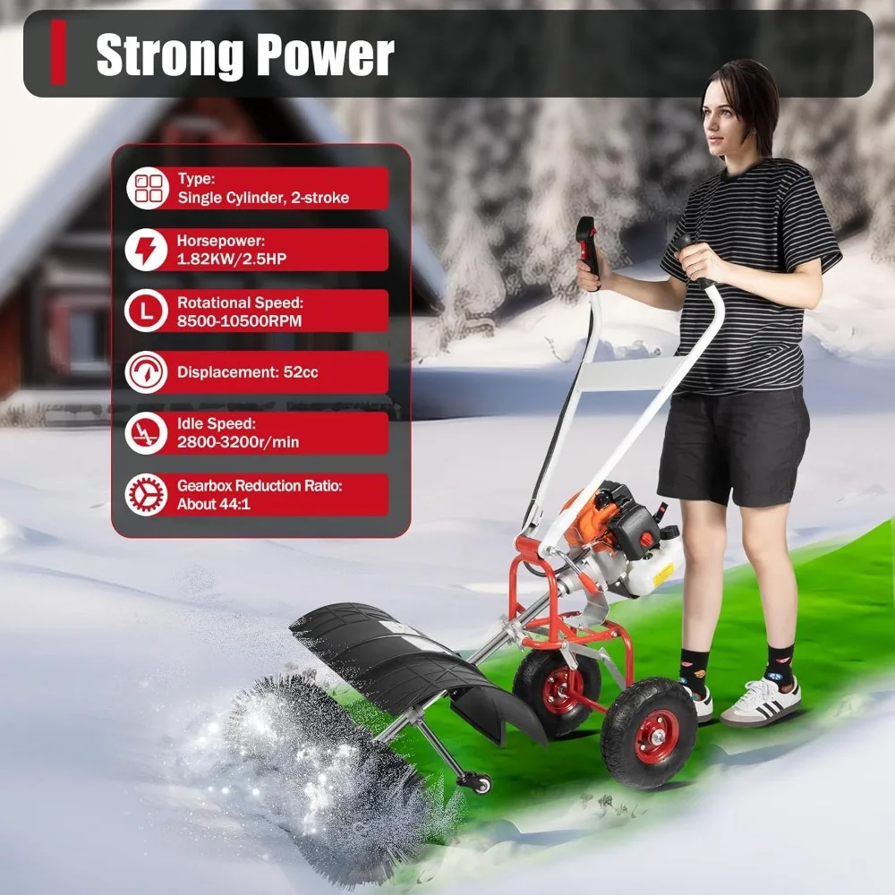 Gas Power Broom Sweeper, 52CC 2.5HP Air-Cooled Fuel Engine Snow Sweeper for Snowplow Broom Driveway Lawns Artificial Grass