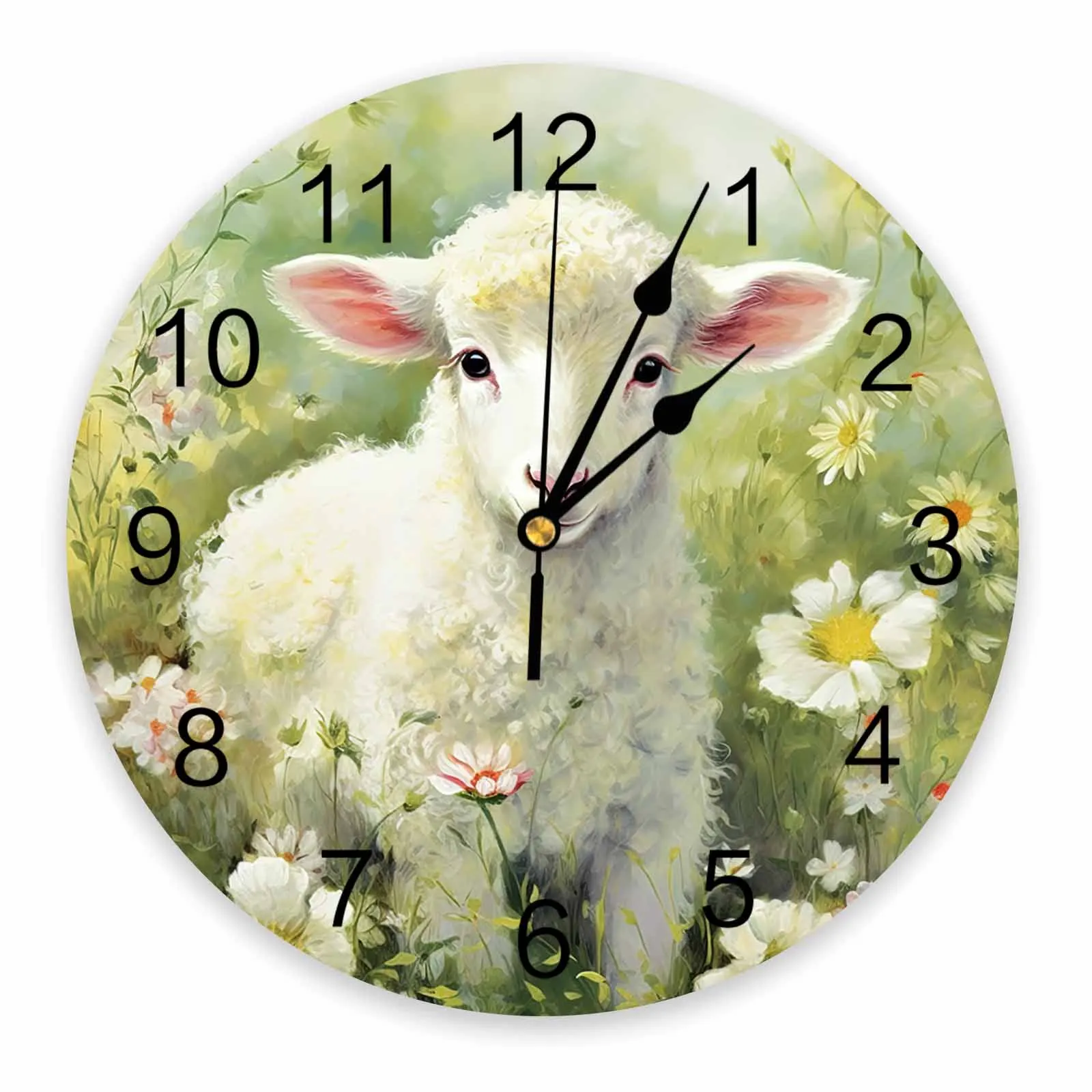 Spring Sheep Daisy Plant Farm Printed Wall Clock Modern Silent Clock Living Room Home Decor Wall Hanging Watch