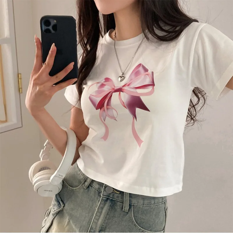 Y2k Clothes Cute Bow Print Fairy Graphic Crop Top Aesthetic Short Sleeve Goth Harajuk Kawaii T-shirt Summer Baby Tees Streetwear