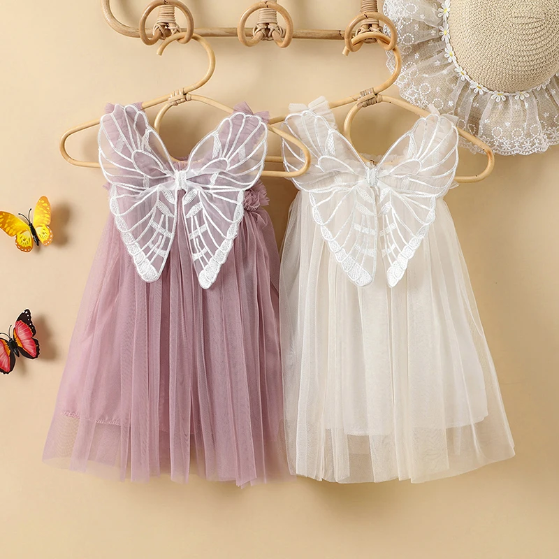 Vestido de princesa infantil para meninas, vestido sem mangas com decoração de malha em formato de borboleta, vestido de gaze com suspensório de verão