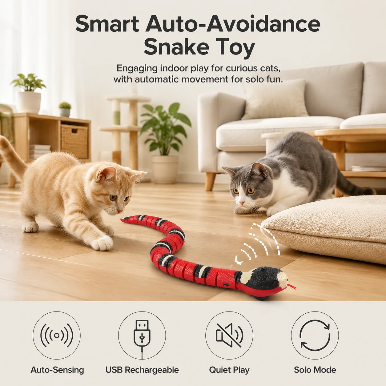 1pc Smart Snake Toy Flexible Silicone Interactive Cat Toy for Indoor Pets Automatic Obstacle Avoidance USB Rechargeable
