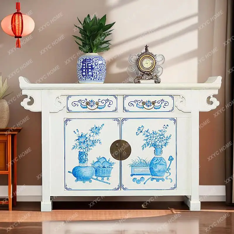 New Chinese-style solid wood painted porch cabinet living room warped antique furniture storage partition table