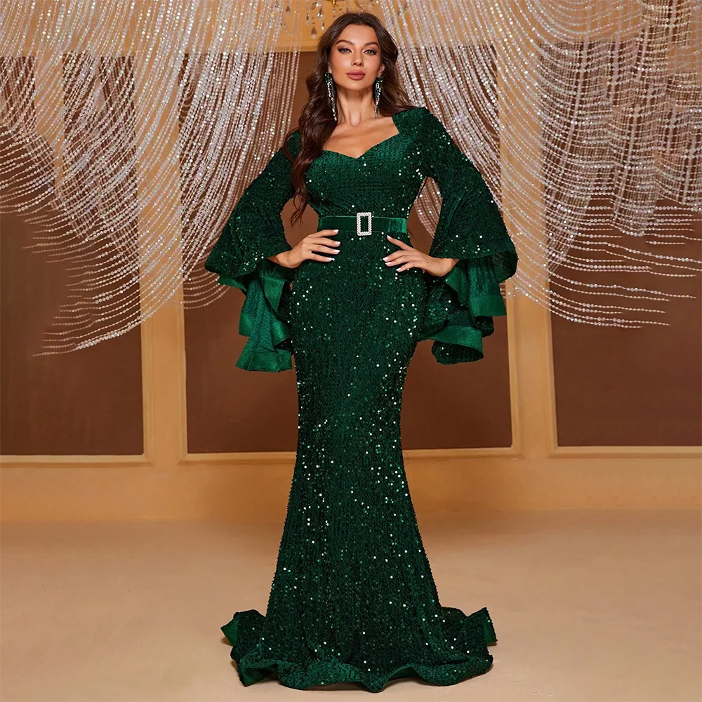 2024 Elegant long Sleeves shiny bling green Mother of the Bride Dresses  Appliques mermaid Formal Evening Gowns