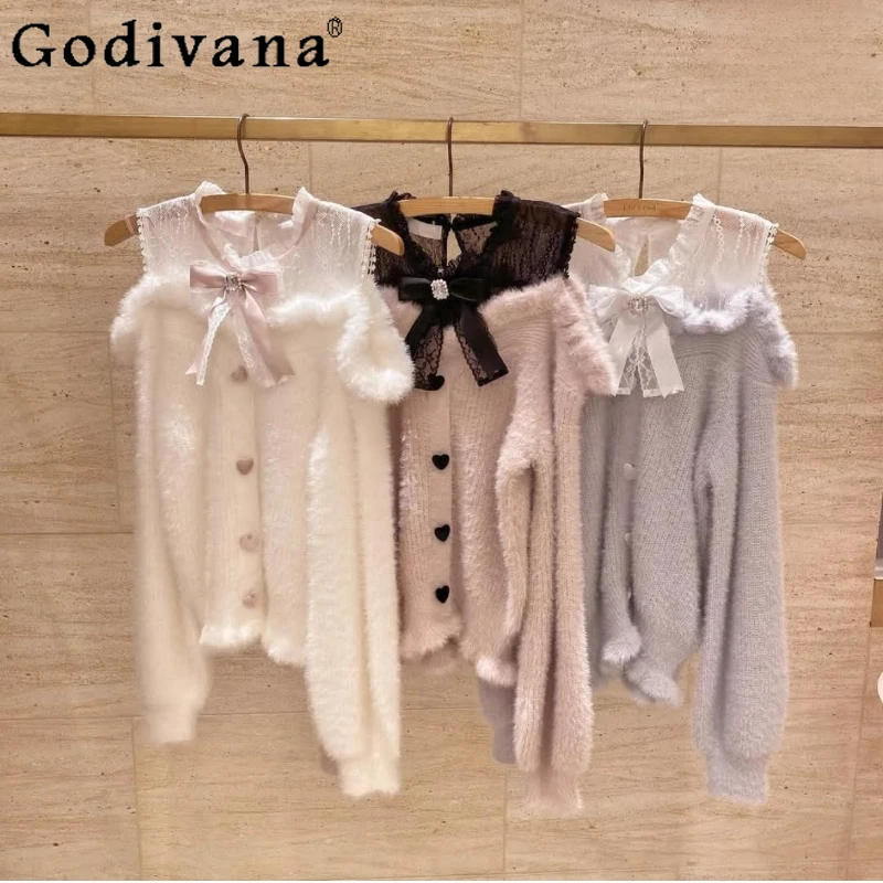 

Liz Sweaters Japanese Mass Production Autumn and Winter Girls Off -Shoulder Lace Slim Short Sweater Soft Furry Knit Pullover