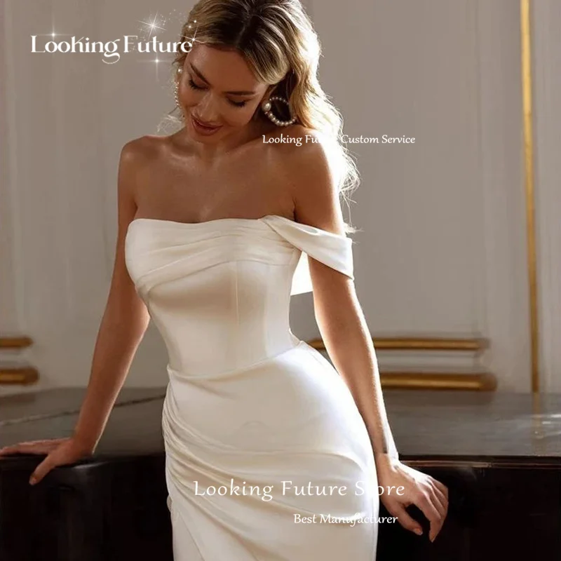 Robe de mariée sirène sans bretelles classique pour femme, satin, fibre plissée, une initiative, fente latérale haute, robe simple, Novia2024