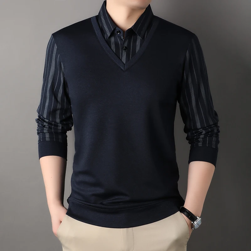 

TFETTERS Brand Long Sleeve T Shirt Men Turn-down Collar 2026 Spring Autumn Navy T-Shirts Man Fashion Striped Men Clothing