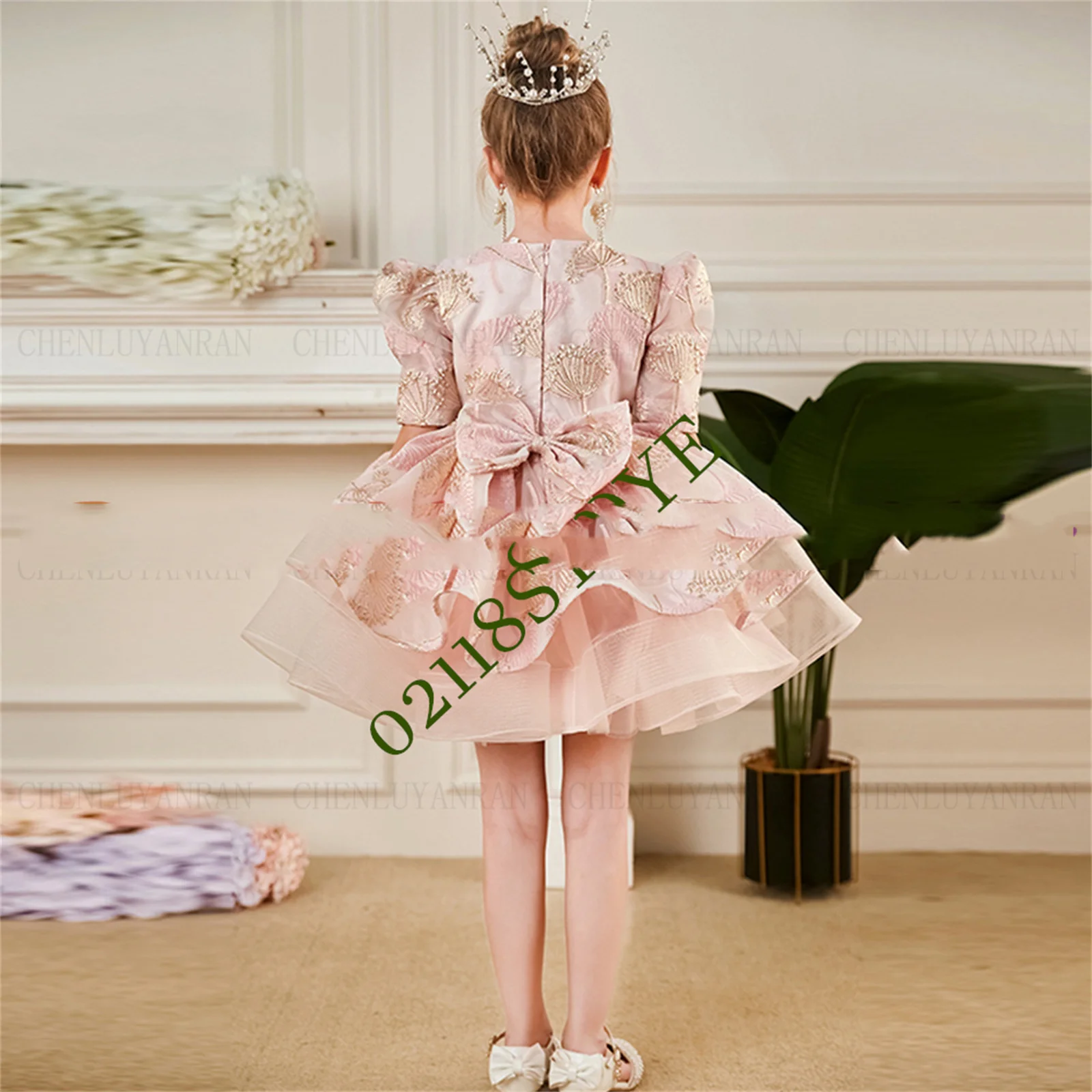 

Printed satin Flower Girl Dress Pink Puffy Girls Princess Wedding Party Dress A-Line First Communion Gown Dresses Real Picture