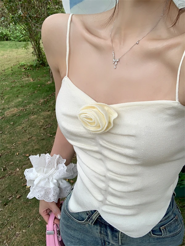 

Summer New Pure Desire Sle Floral Pleated Strap Vest Slim Fit Knitted Top Inner Wear ort Length Commute Sle Women's Vest