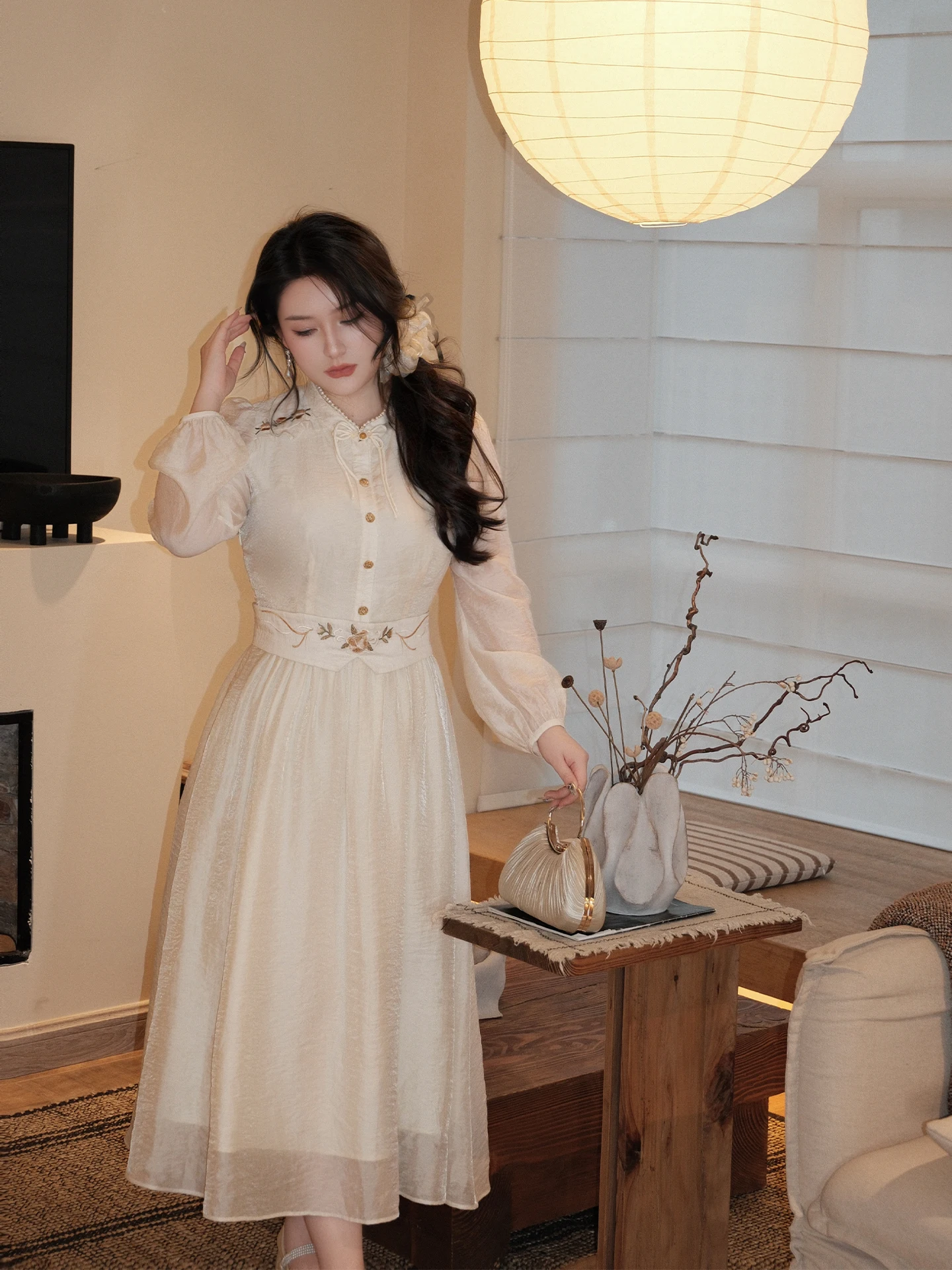 

Sweet Chinese Sle Embroidered Maxi Dr for plus Size Women Spring Summer New Arrival A-Line Midi Dr Floral Print