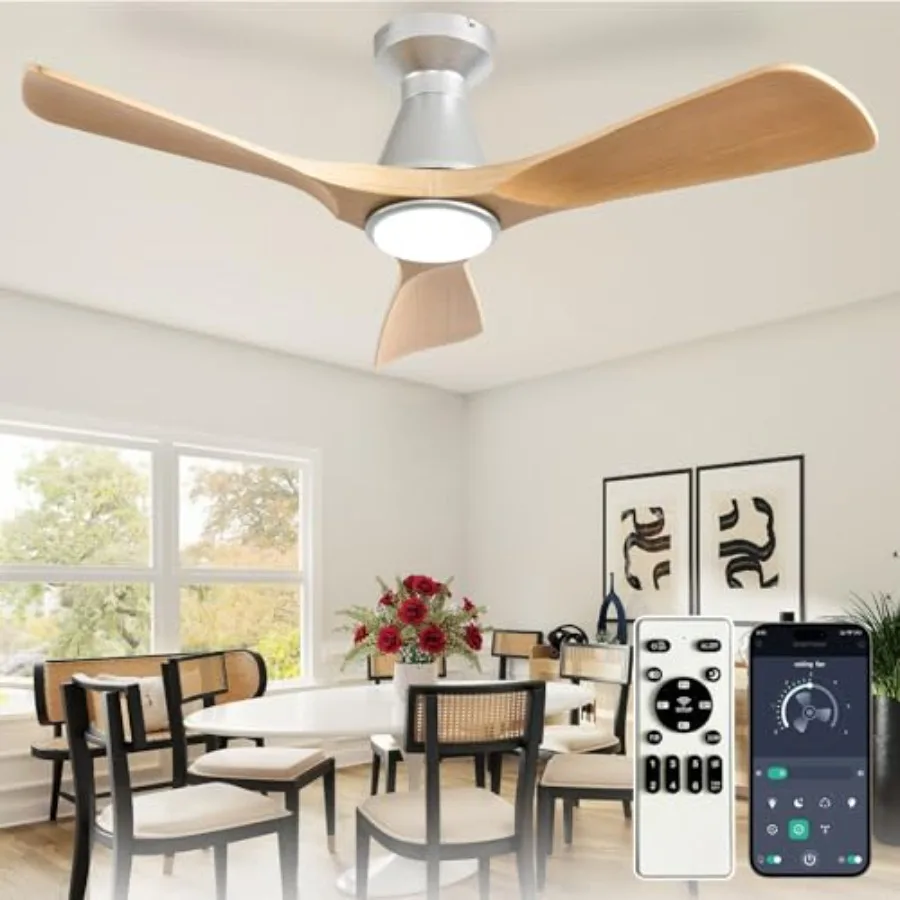 

42-Inch Ceiling Fans with Lights: Wood 3 Blade Flush Mount Low Profile Ceiling Fan for Bedroom - Dimmable Indoor Outdoor Fan wi