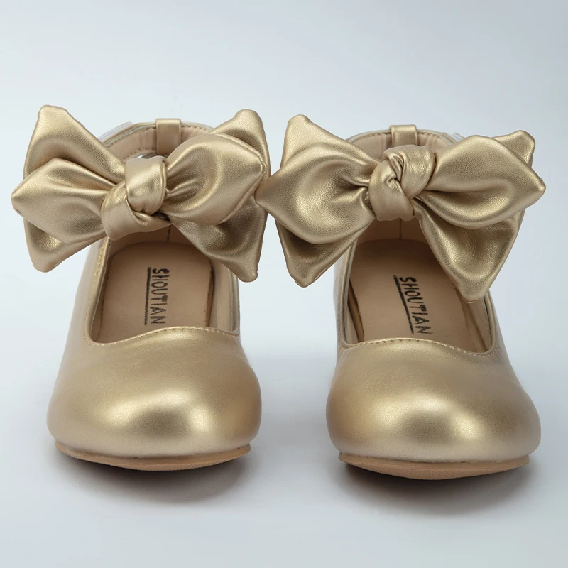 Children Wedding Shoes Gold  White Girl Bow Leather Shoes Spring Autumn Kids Flats Flowers Girls Shoes Size 27-37