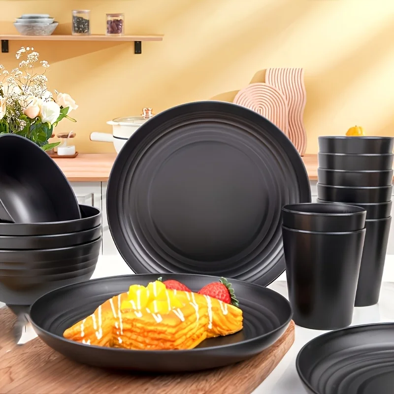 طقم أواني طعام بلاستيكية غير قابلة للكسر مكون من 16 قطعة |   أطباق آمنة للاستخدام في الميكروويف وغسالة الأطباق |   الاستخدام المنزلي/التجاري عالي التحمل