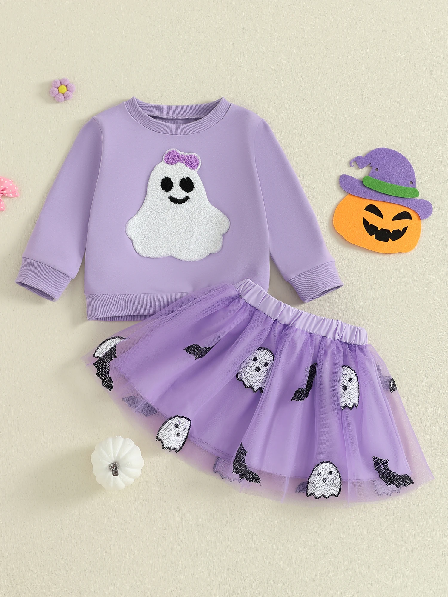 

Girls Halloween Costume Set with Long Sleeve Ghost Sweatshirt and Tulle Skirt 2-Piece Outfit for Kids