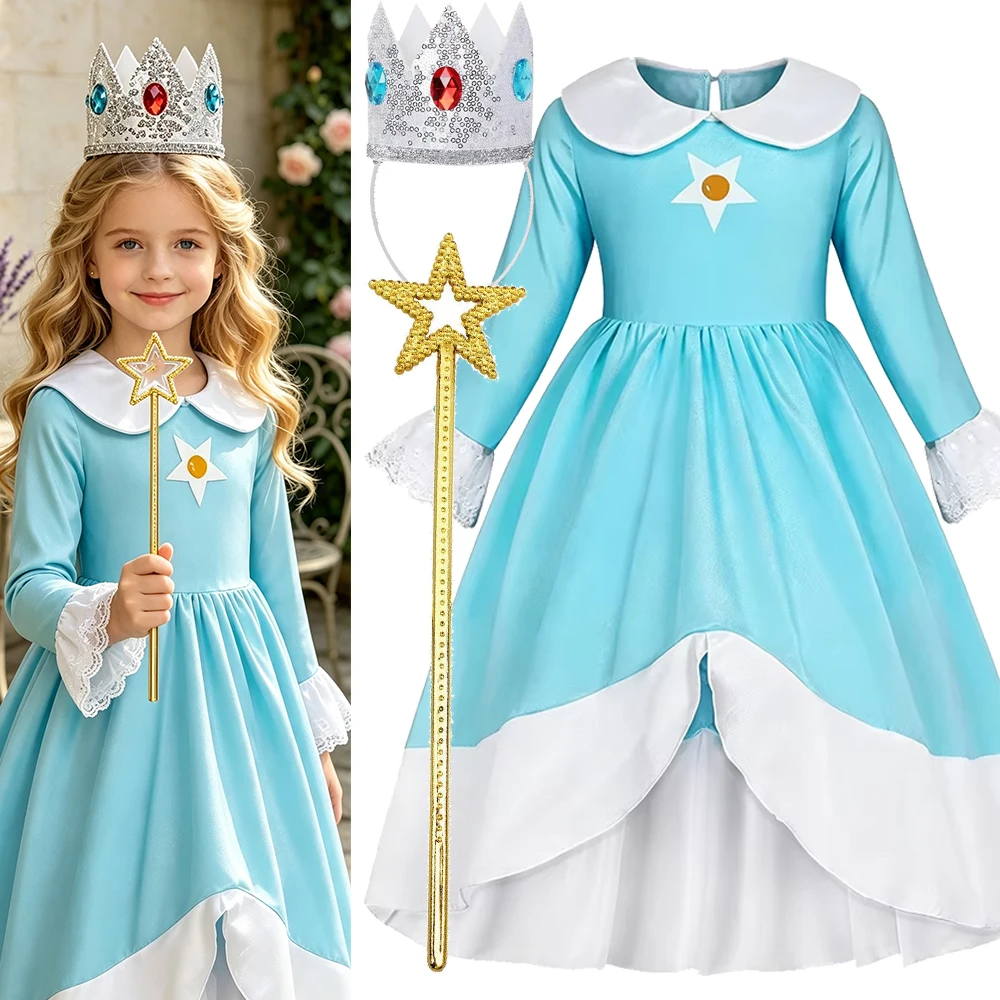 Light Blue Princess Dress Girls with Star Wand Set Long Sleeve Birthday Party Christmas New Year Carnival Halloween Costumes Kid